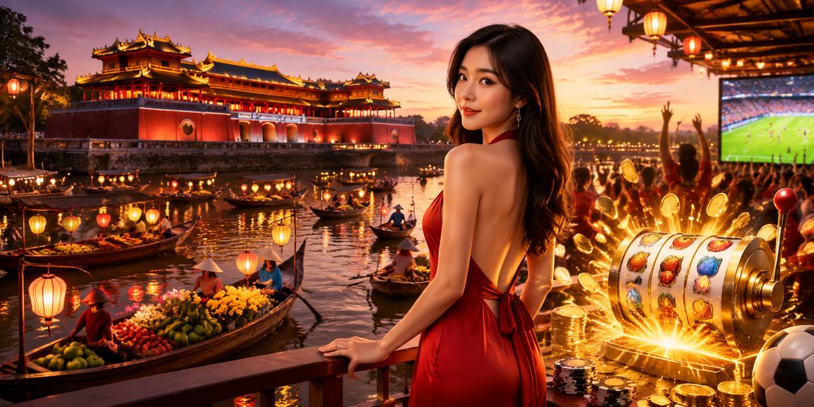 Giao diện slot game sôi động tại bờ biển Huế với màu sắc rực rỡ